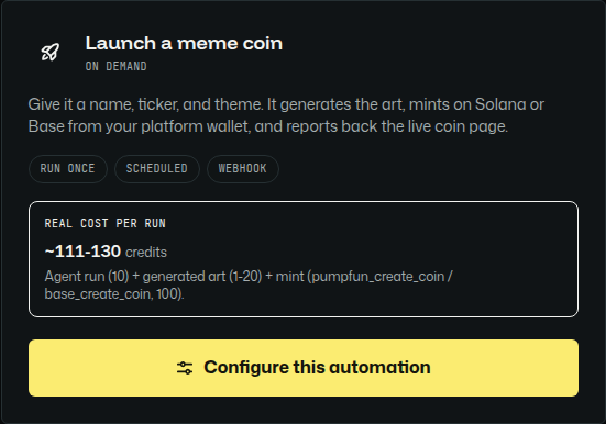 Current Crypto launch automation card showing the cost per run